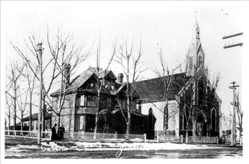 The 1882 St. James Catholic Church and parish rectory in Jamestown, North Dakota. The church served briefly as a cathedral when the Diocese of Jamestown, now Fargo, was established in 1889. After the present parish church was completed in 1914, the