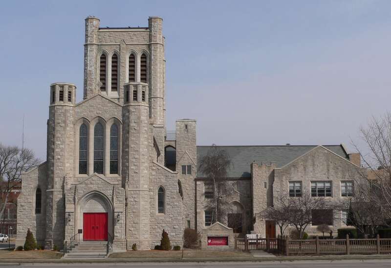 St. Mark's Episcopal Pro-Cathedral at 4th and Burlington in Hastings, Nebraska; seen from the west.  The building was designed in Late Gothic Revival style in 1919 by architect Ralph Adams Cram, and built over the course of the next decade; the