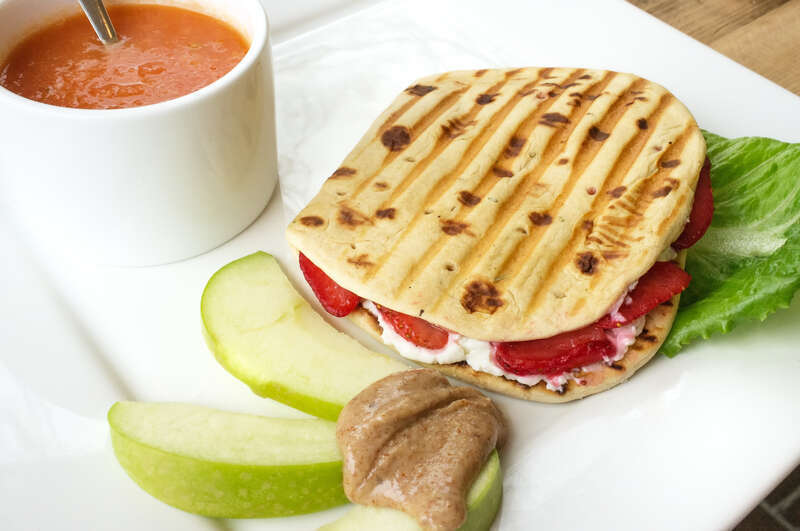 Strawberry &amp;amp; Goat Cheese Panini with
balsamic reduction, Tomato basil soup and Nut butter on apple slices at The Pantry in Crestline Village, Mountain Brook, Alabama

Jenny really likes this new restaurant