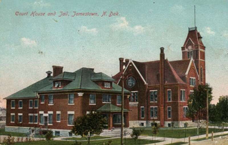 Postcard of Stutsman County Courthouse and Jail, Jamestown, North Dakota.  Image is in public domain as published before 1923.  Source information from the NDSU web site indicates the postmark on the card was May 21, 1913.