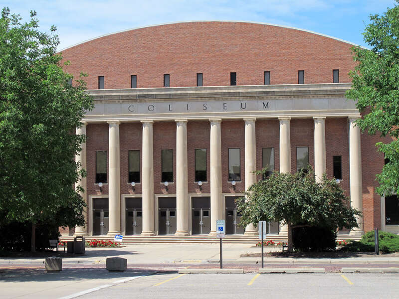 Photo of the old front entrance to the University of Nebraska Coliseum (1350 Vine Street) on the University of Nebraska-Lincoln city campus in Lincoln, Nebraska.  The Coliseum is north &amp;amp; west of the N. 14th &amp;amp; Vine Streets intersection and is