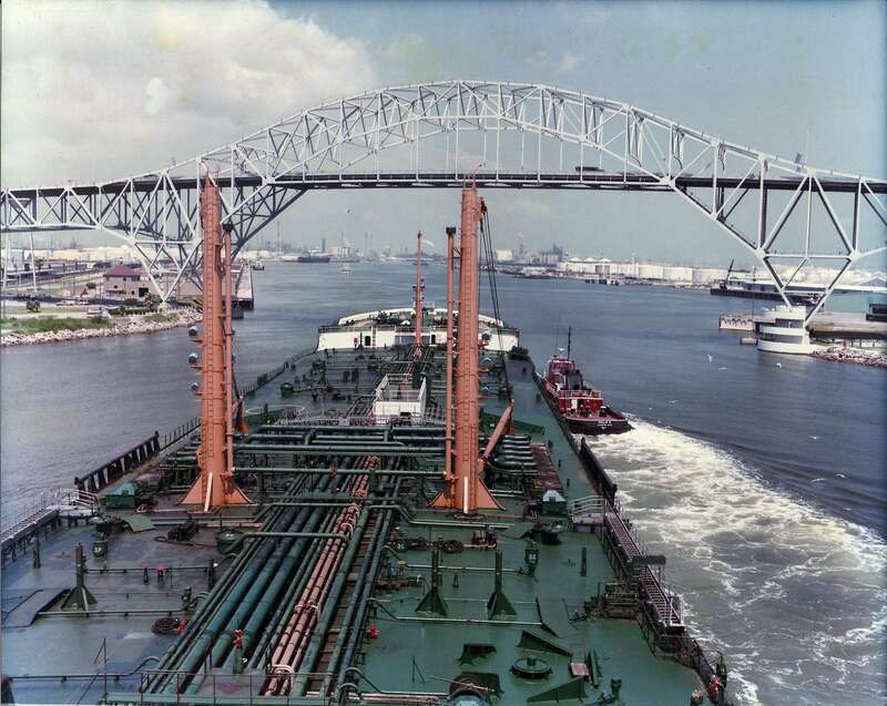 crossing under the Harbor Bridge in  Corpus Christi, Texas