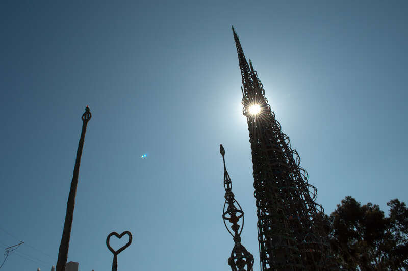 Watts Towers, California Historical Landmark No. 993, were built by Sabato Rodia, an Italian immigrant who lived in the area in the 1920s. He constructed this complex over a period of 33 years. Rodia, having suffered abuse from neighbors, abandoned