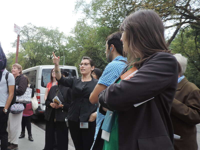 Looking west as we get a lecture on the building on a cloudy day.
