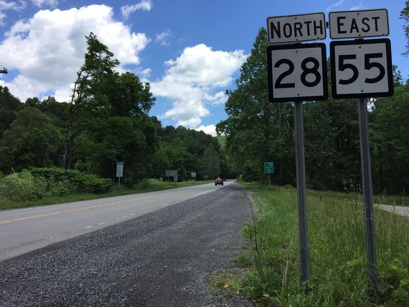 View north along West Virginia State Route 28 and east along West Virginia State Route 55 (North Fork Highway) in Seneca Rocks, Pendleton County, West Virginia