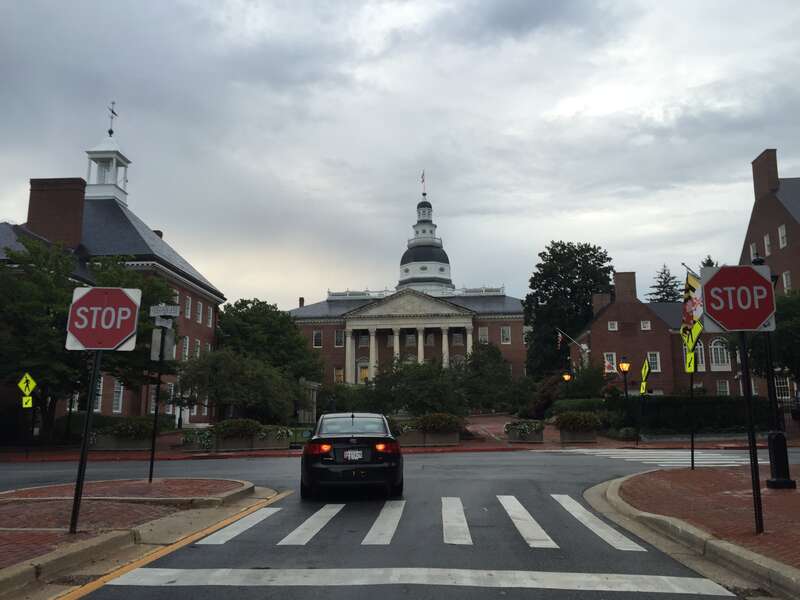 View south towards the Maryland State House from Maryland State Route 70 (Bladen Street) at Maryland State Route 450 (College Avenue) in Annapolis, Anne Arundel County, Maryland