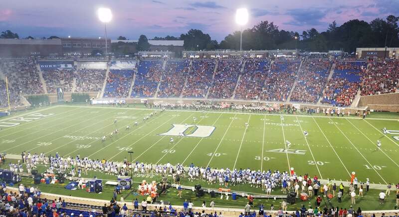 Opening kickoff at Wallace Wade Stadium taken from the west side of Wallace Wade Stadium during Duke's 2018 game against Virginia Tech.