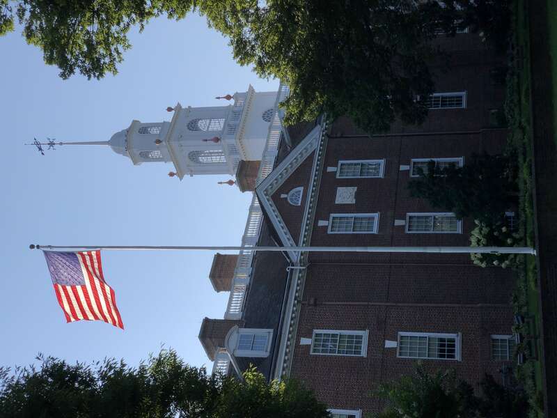American flag flying on the northwest side of the Delaware Legislative Hall (Delaware Capitol Building) in Dover, Kent County, Delaware