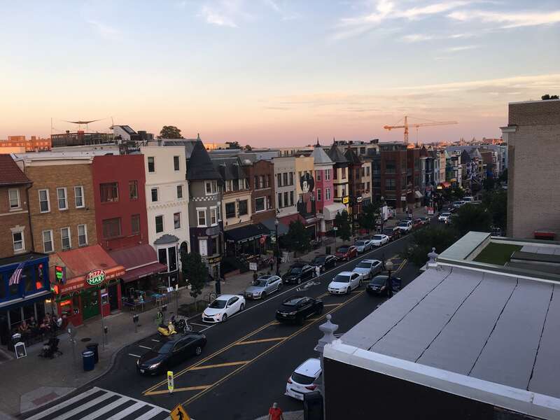 Aerial view of the shops along 18th St (Adams Morgan) in Washington, D.C.