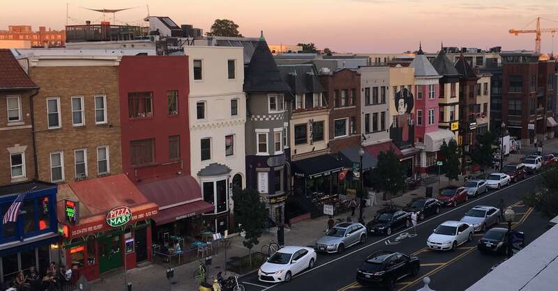 Aerial view of the shops along 18th St (Adams Morgan) in Washington, D.C.
