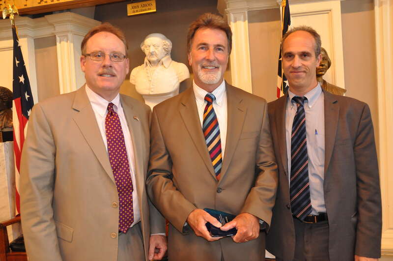 US EPA Region 1 2012 Environmental Merit Award Winner for Lifetime Achievement - Richard J. Chalpin
[left-to-right: USEPA Region 1 Administrator Curt Spaulding, Richard Chalpin, MassDEP Commissioner Kenneth Kimmell]
Dick Chalpin's 43-year career in