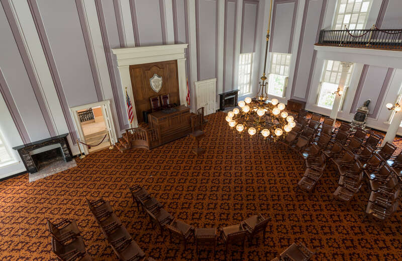 The interior of the former House of Representatives chamber of the Alabama State Capitol, as seen from the gallery