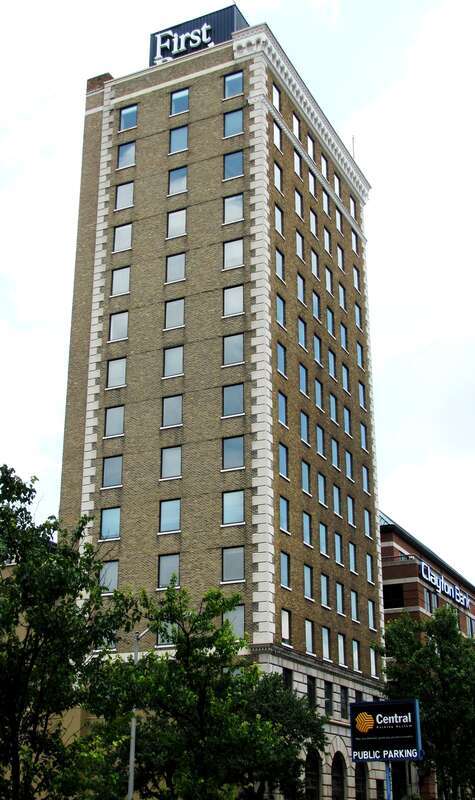 The General Building (625 Market St.), now occupied by First Bank, in Knoxville, Tennessee, USA.  Built in 1926 and designed by Barber &amp;amp; McMurry, this high-rise is now listed on the National Register of Historic Places.