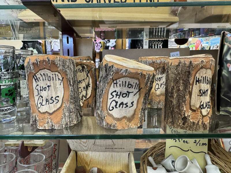 Hillbilly shot glasses at the Mercantile Store, Nashville, Indiana