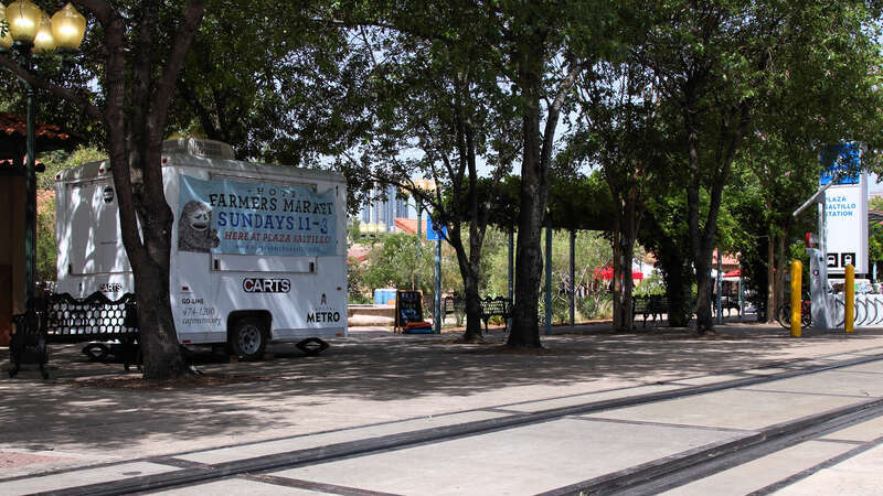 A sign advertises Hope Farmers' Market in Plaza Saltillo in Austin, Texas, United States.