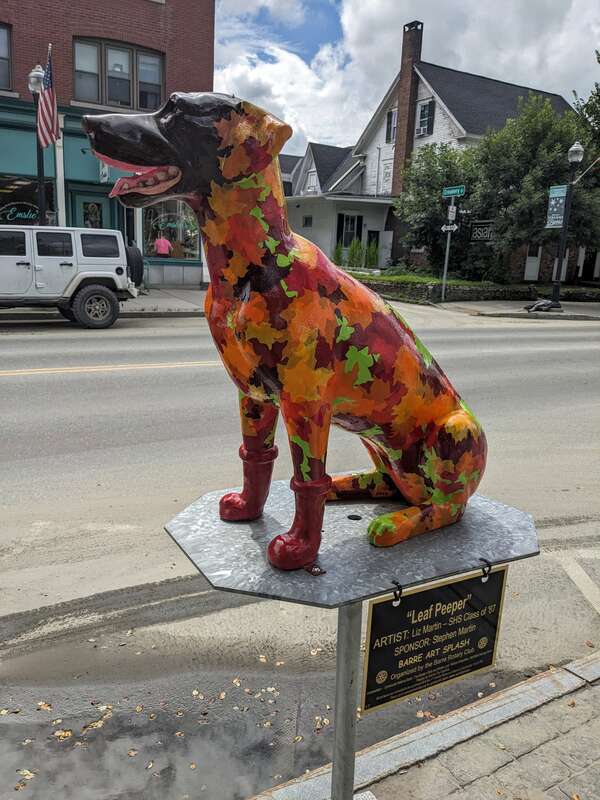 &quot;Leaf Peeper&quot; dog sculpture by Liz Martin, Barre Art Splash, on Main Street in downtown Barre, Vermont. Organized by the Barre Rotary Club.