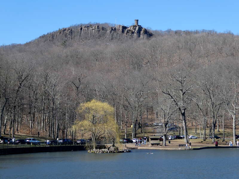Mirror Lake and Castle Craig in Hubbard Park in March 2023