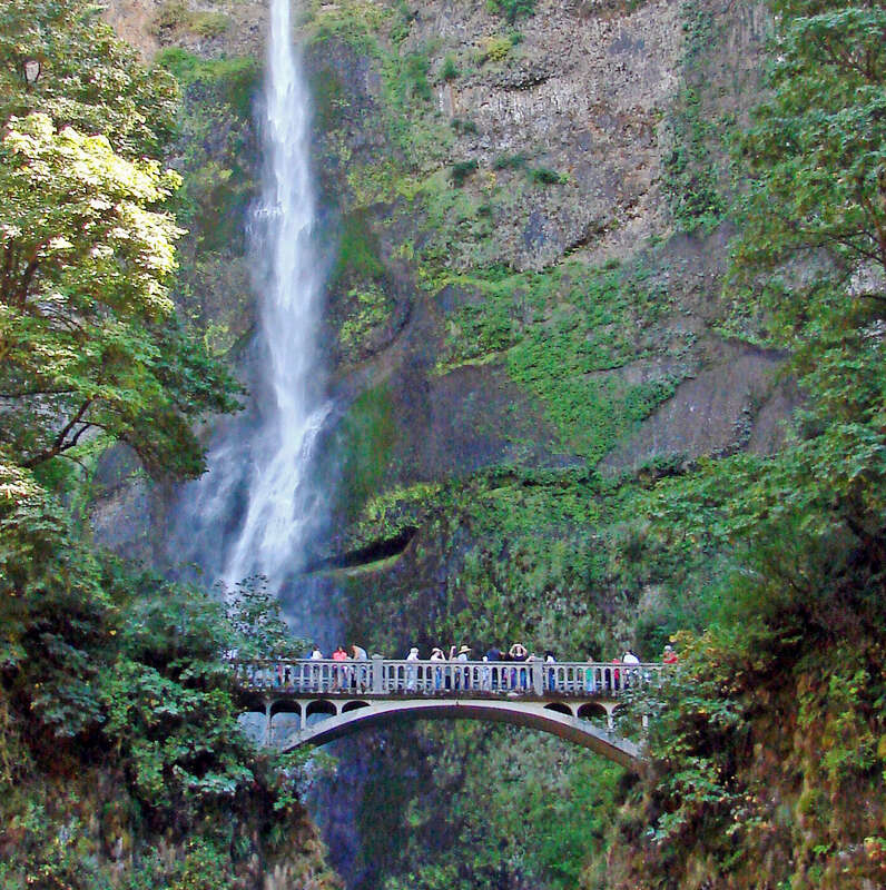 (1 in a multiple picture set)There are over 20 waterfalls along the Oregon side of the Columbia River and Multnomah is our favorite.  It falls from high on the cliff, forms a pool, and then falls again on its way to join the river.  There is a