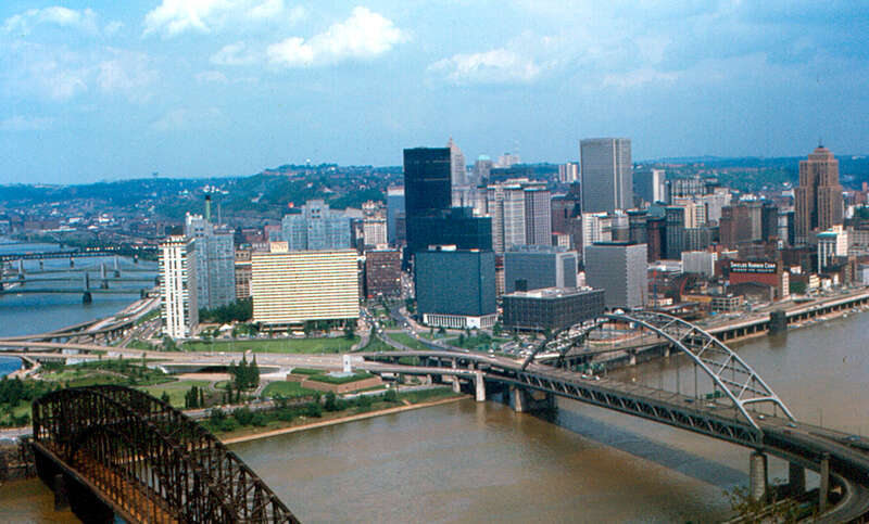 The &quot;Golden Triangle&quot; area of downtown Pittsburgh, where the Allegheny (left) and Monongahela (right) Rivers meet to form the Ohio River (off the photo to the left).  The viewpoint is Mount Washington, at the top of Duquesne Incline on the south bank
