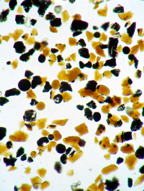 S73-15171 (4 Jan. 1973) --- These orange glass spheres and fragments are the finest particles ever brought back from the moon. Ranging in size from 20 to 45 microns (about 1/1000 of an inch) the particles are magnified 160 times in this