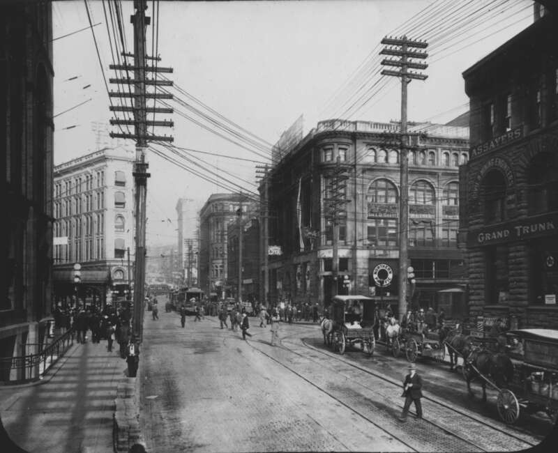 Looking east at the corner of First and Yesler, Seattle, Washington, U.S., circa 1898.