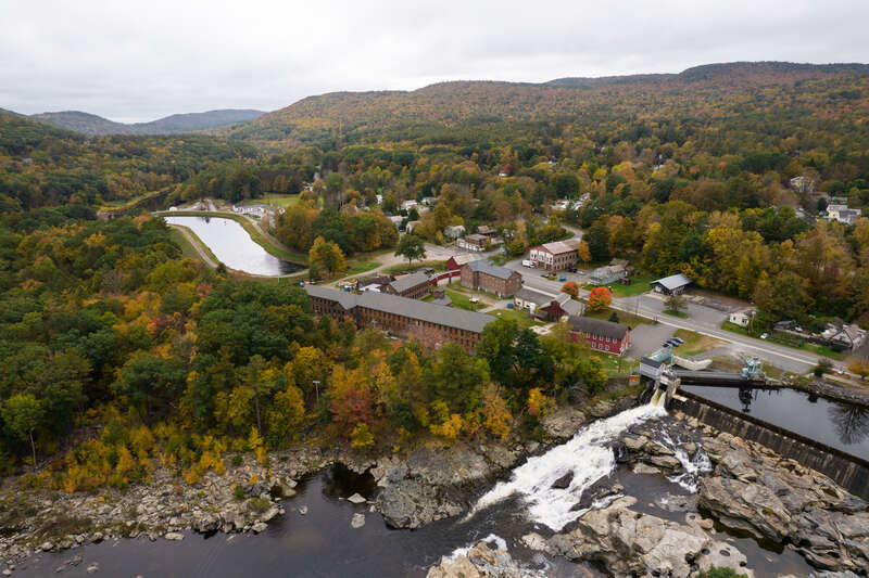Drone view of glacial potholes, Shelburne Falls, Massachusetts.
