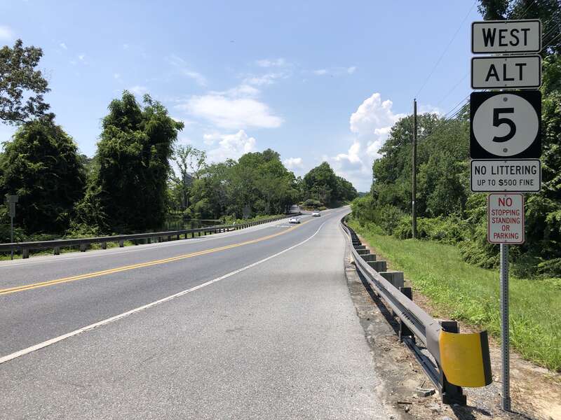 View north along Delaware State Route 5 Alternate (Sand Hill Road) at Delaware State Route 5 (Harbeson Road) just south of Milton in Sussex County, Delaware