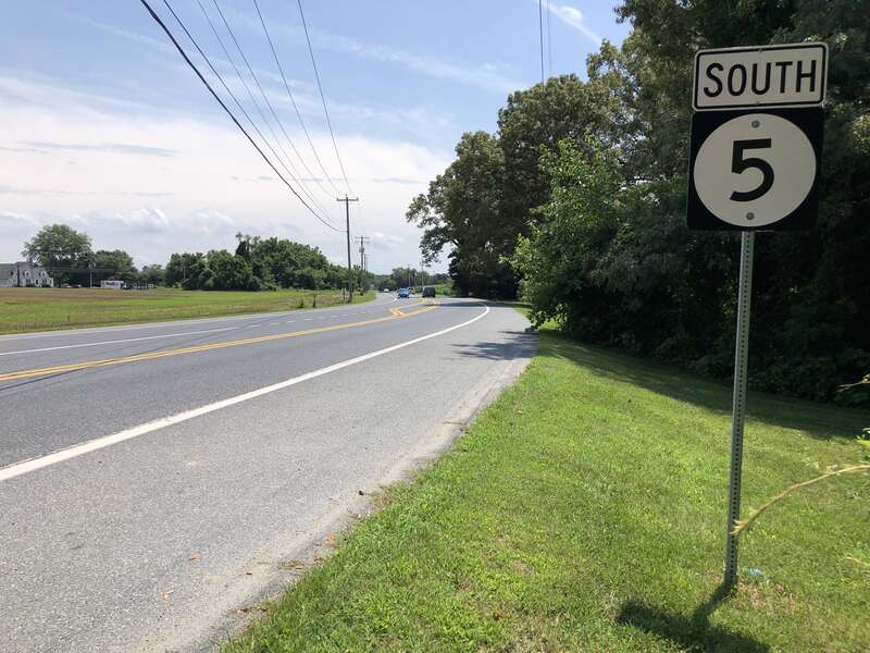 View south along Delaware State Route 5 (Harbeson Road) at Delaware State Route 5 Alternate (Sand Hill Road) just south of Milton in Sussex County, Delaware