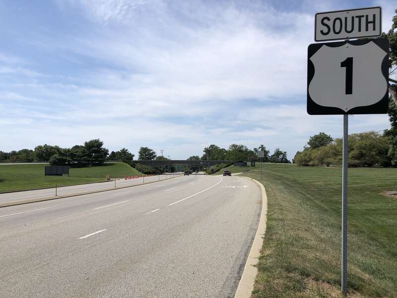 View south along U.S. Route 1 (Baltimore Pike) at Webb Barn Lane on the border of Kennett Township and East Marlborough Township in Chester County, Pennsylvania