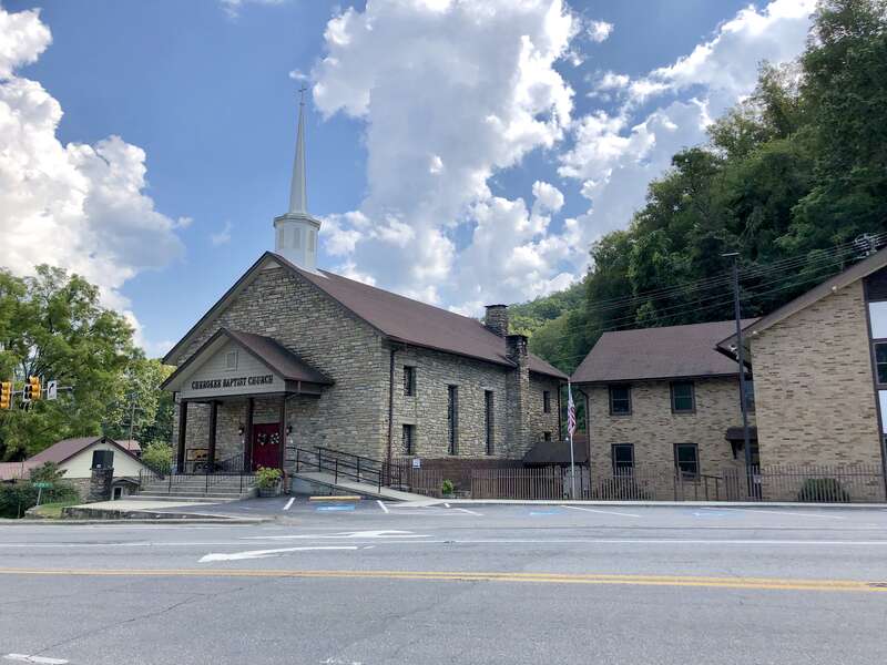 This is Cherokee Baptist Church, located at the intersection of US 19 and US 441 in Cherokee, North Carolina.