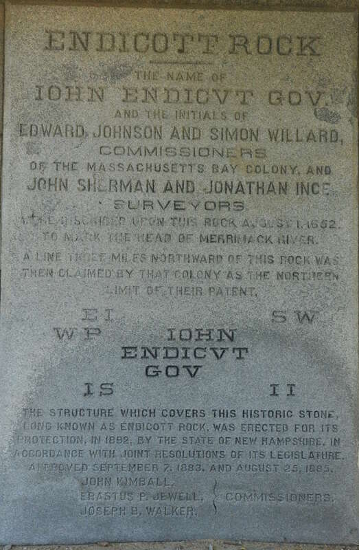 Endicott Rock State Park, Weirs Beach (Laconia), New Hampshire.  Tablet mounted inside enclosure above the rock.