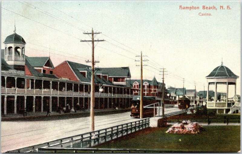 Divided back postcard of a streetcar at the Hampton Beach casino