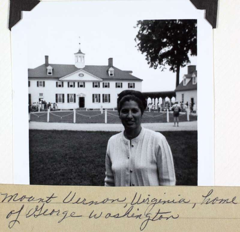 Hazel Johnson at Mt. Vernon, VA.
3.5x3.5 black-and-white photograph. Image from a scrapbook album belonging to Hazel Smothers, whose aviation highlights include copiloting her plane to 1st place in her class at the 1969 Powder Puff Derby air race,