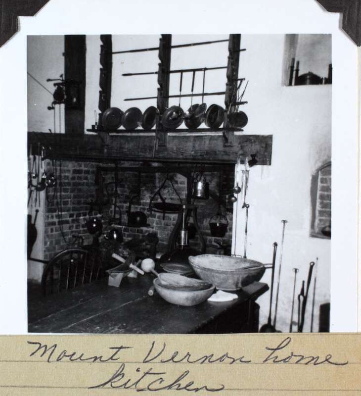 Mt. Vernon kitchen, Mt. Vernon, VA.
3.5x3.5 black-and-white photograph. Image from a scrapbook album belonging to Hazel Smothers, whose aviation highlights include copiloting her plane to 1st place in her class at the 1969 Powder Puff Derby air race,