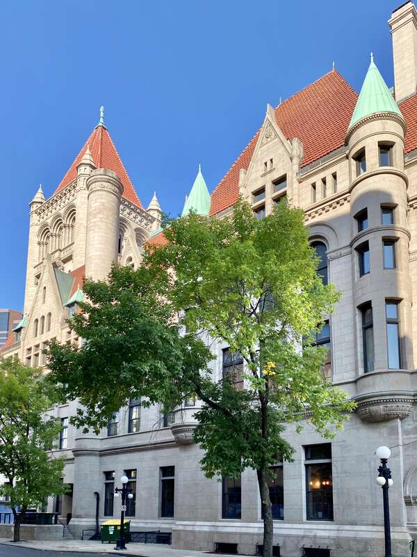 Built between 1894 and 1902, this Richardsonian Romanesque-style granite building was designed by Willoughby J. Edbrooke to serve as the United States Post Office, Courthouse, and Custom House for St. Paul.  The building occupies an entire city block