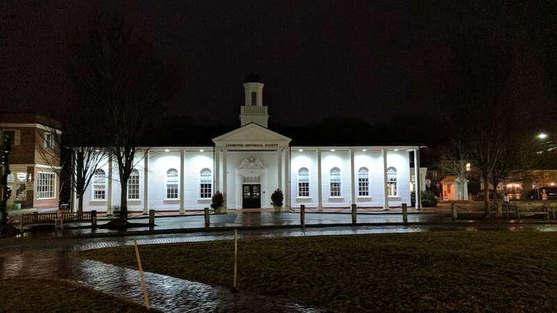 The Lexington Historical Society building at Depot Square at night