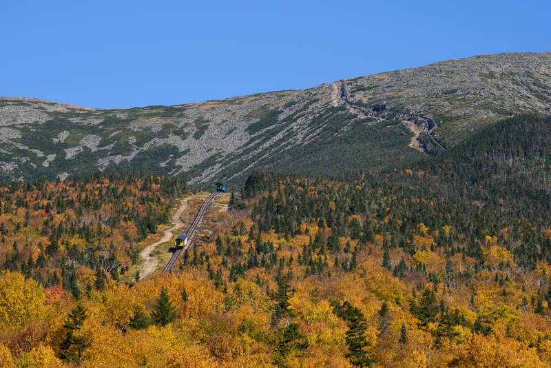 Bottom to top: M-4 Agiocochook (ascending), M-1 Wajo Nanatassis (ascending), No. 2 Ammonoosuc (descending), Mount Washington Cog Railway, New Hampshire.
