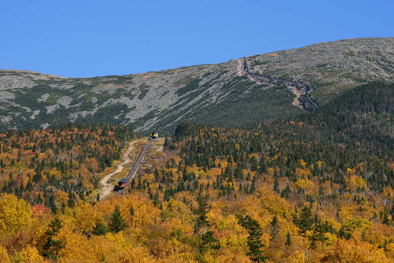 Bottom to top: M-7 Kenison (ascending), M-4 Agiocochook (ascending), No. 2 Ammonoosuc (descending), Mount Washington Cog Railway, New Hampshire.