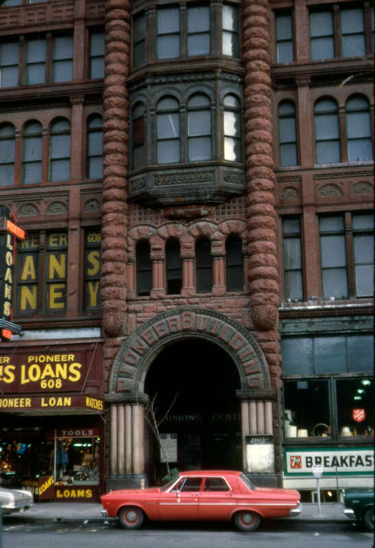 Pioneer Building, Seattle, Washington, circa 1970s. Has to be before 1977 when Hibble &amp;amp; Hydes opened in the space shown here as Pioneer Loans.