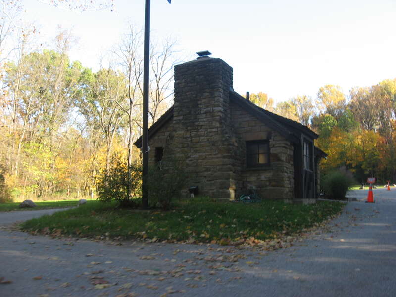 Gatehouse to Turkey Run State Park, located off State Road 47 in Sugar Creek Township, Parke County, Indiana, United States.