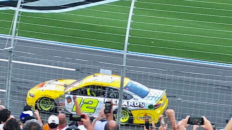 Ryan Blaney drives to the finish line in the opposite direction after winning the 2018 Bank of America 400