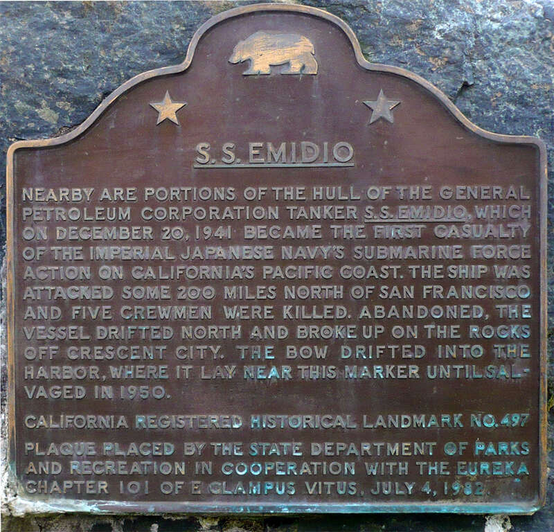 S.S. Emido Memorial and Marker.  California Registered Historical Landmark No. 497 plaque reads: &quot;S.S. Emidio. Nearby are portions of the hull of the General Petroleum Corporation tanker S.S. Emidio, which on December 20, 1941 became the first