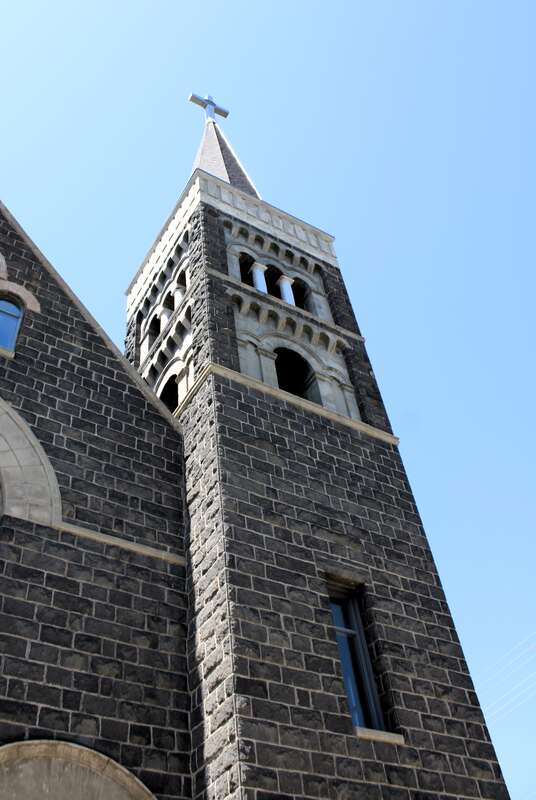 St. Joseph Catholic Church in Yakima, Washington. The church was completed in 1905. It was heavily damaged in a fire in 1999. All that remains of the 1905 church building is the facade and the towers. The rest of the church is new construction