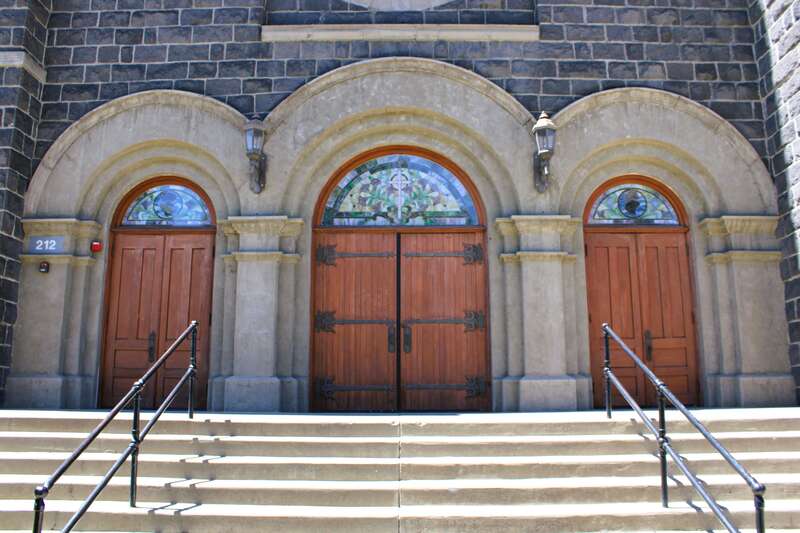 St. Joseph Catholic Church in Yakima, Washington. The church was completed in 1905. It was heavily damaged in a fire in 1999. All that remains of the 1905 church building is the facade and the towers. The rest of the church is new construction