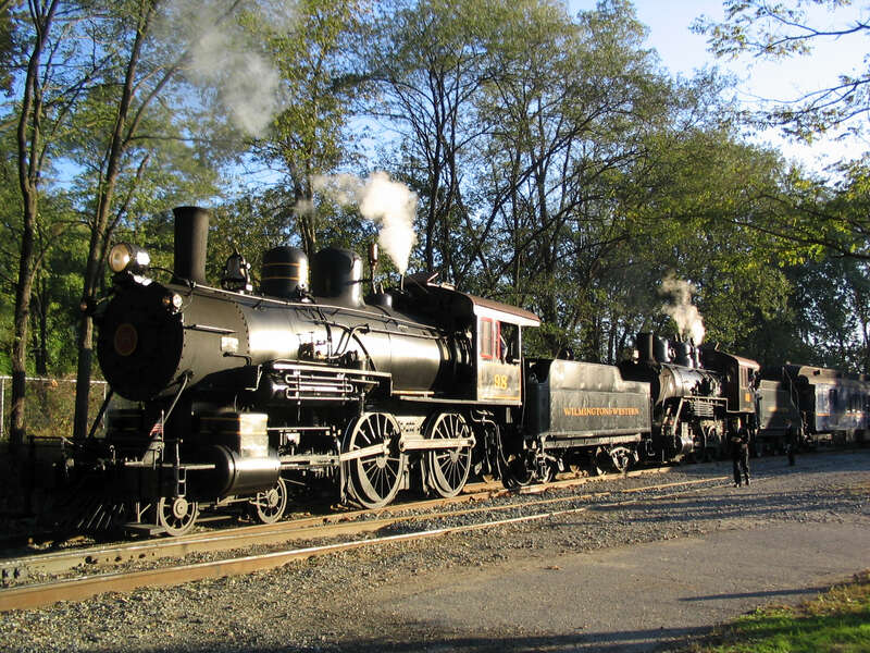 I took this photo as an employee of the railroad.
Wilmington &amp;amp; Western No. 98 leads No. 58. No. 98 is an ex-Mississippi Central 4-4-0 built by Alco; No. 58 is an ex-AB&amp;amp;A 0-6-0 built by Baldwin.