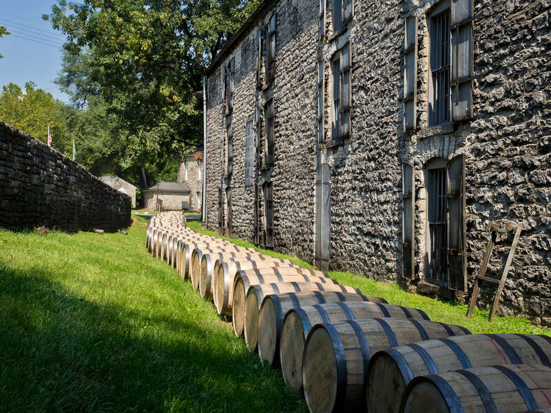 Recently filled barrels of Woodford Reserve bourbon outside of the rickhouse, where they will be stacked and stored during the aging process.Photo taken with an Olympus E-5 at the Woodford Reserve distillery, Versailles, Kentucky, USA.Cropping and
