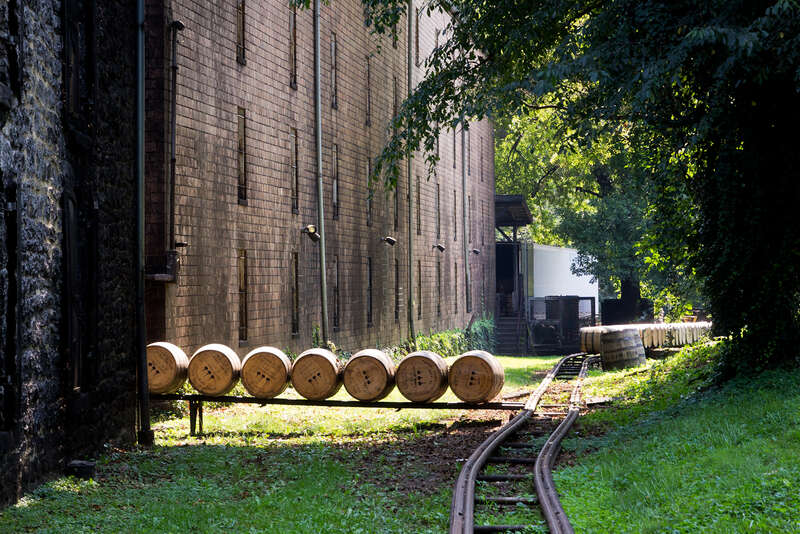 Recently filled barrels of Woodford Reserve bourbon outside of the rickhouse, where they will be stacked and stored during the aging process.Photo taken with an Olympus E-5 at the Woodford Reserve distillery, Versailles, Kentucky, USA.Cropping and