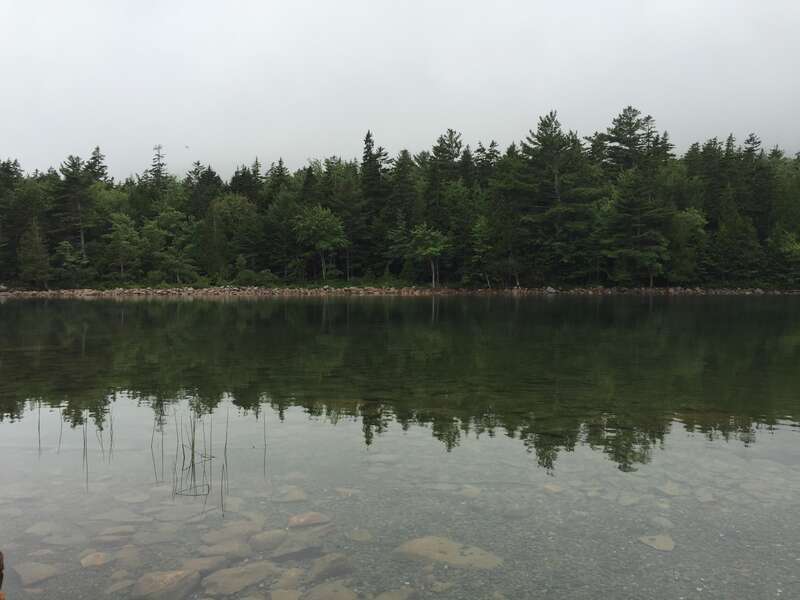 View west across Jordan Pond from the boat ramp within Acadia National Park, in Mount Desert, Hancock County, Maine