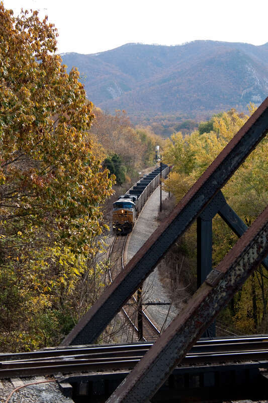 A CSX train is approaching Natural Bridge Station, VA where it will cross under the NS Roanoke to Hagerstown line.