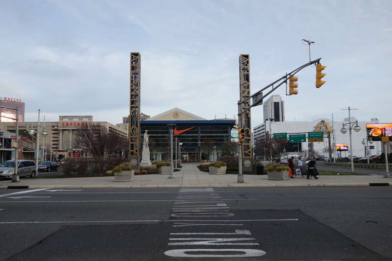 Looking at the north end of Columbus Plaza within the Tanger Outlets The Walk complex, at Arctic Avenue and Christopher Columbus Boulevard / Arkansas Avenue in Atlantic City, New Jersey. The plaza is a long existing park in the city, and was later